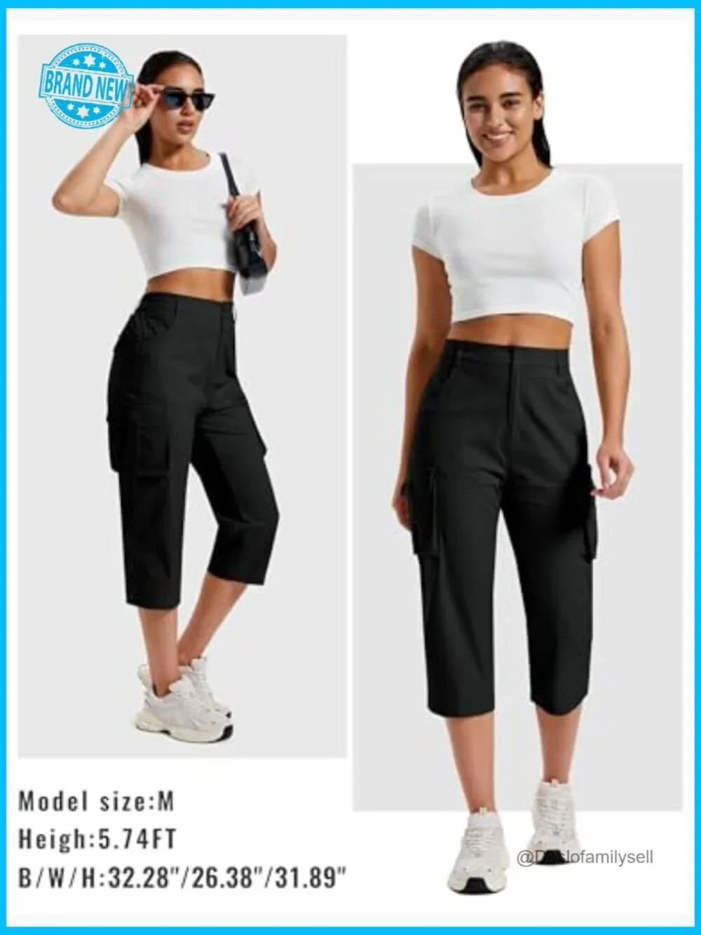 Cargo Capris Cotton Pants with Button Pockets Elastic Waist Lightweight Cute